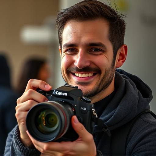 Antoine Dubois, co-fondateur et directeur de la production vidéo de Studio Lumière Azur, souriant et tenant une caméra.